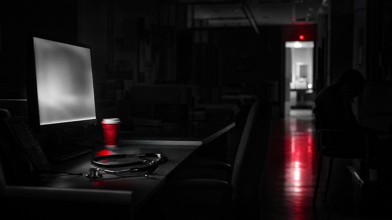 Empty overnight workstation lit by a monitor