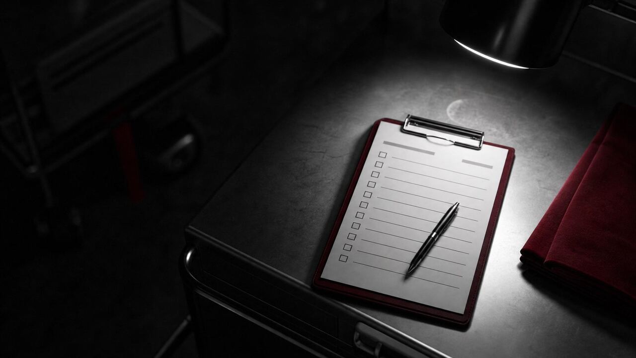 Clinical clipboard under a focused task light