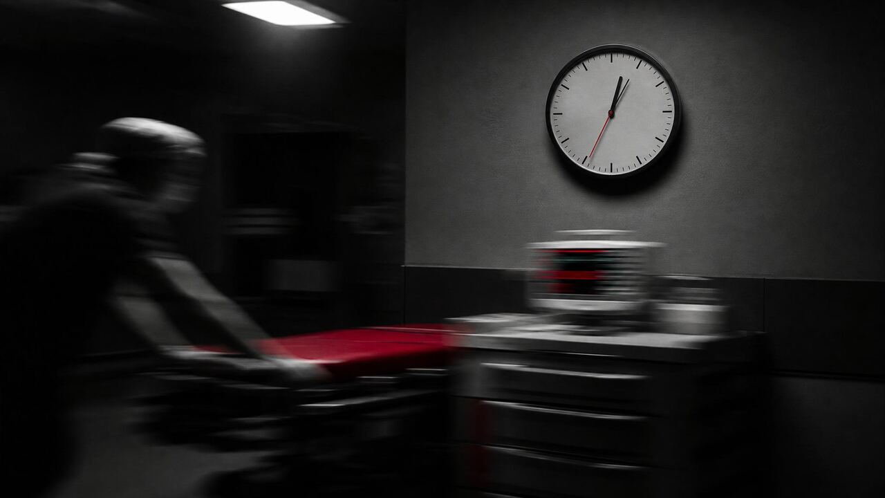 Analog clock above a dark resuscitation bay