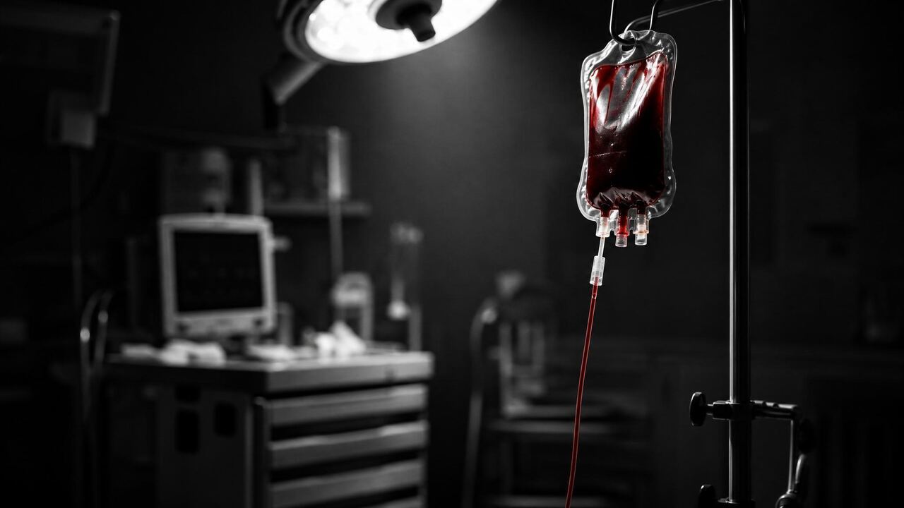 Blood transfusion equipment in a dark resuscitation bay