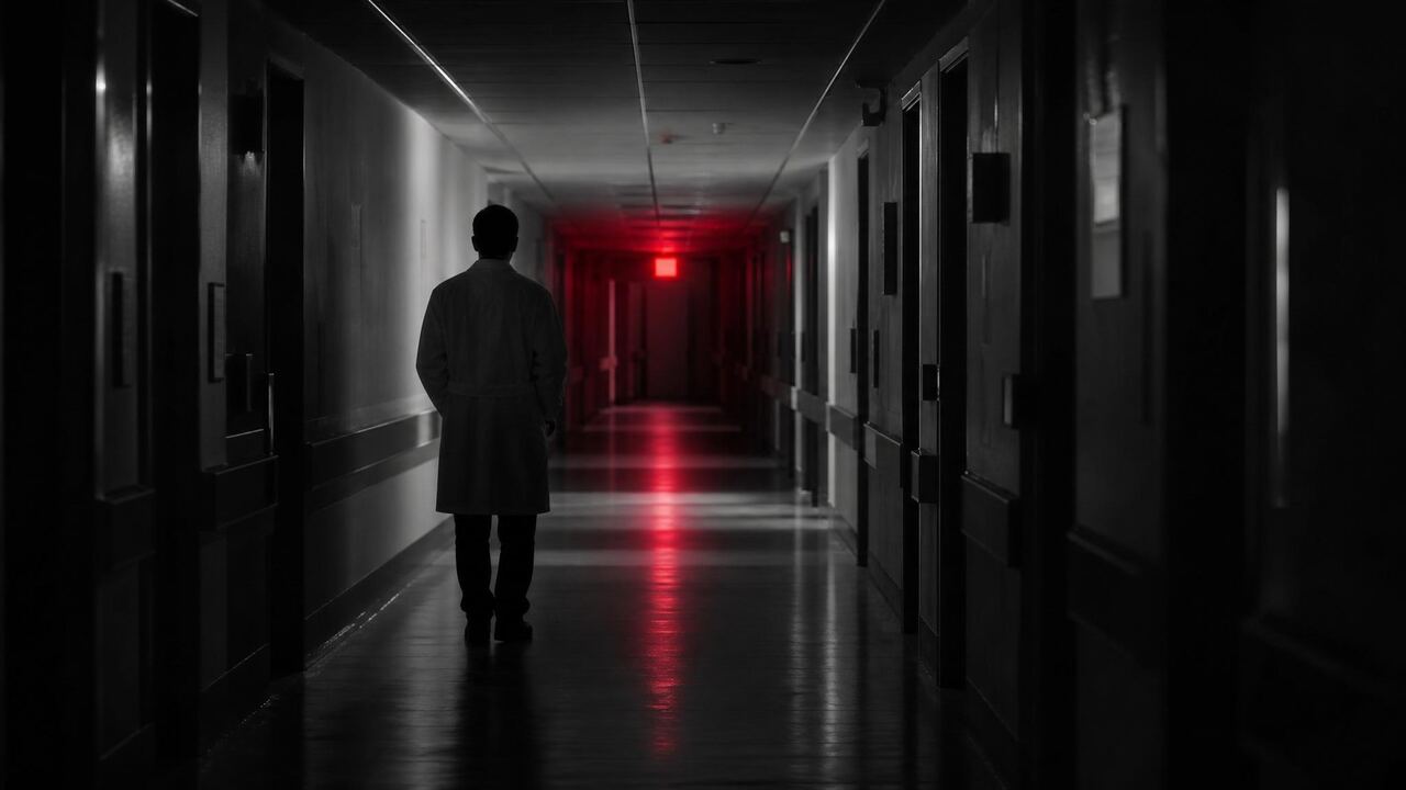 Lone physician silhouetted in a dim hospital corridor