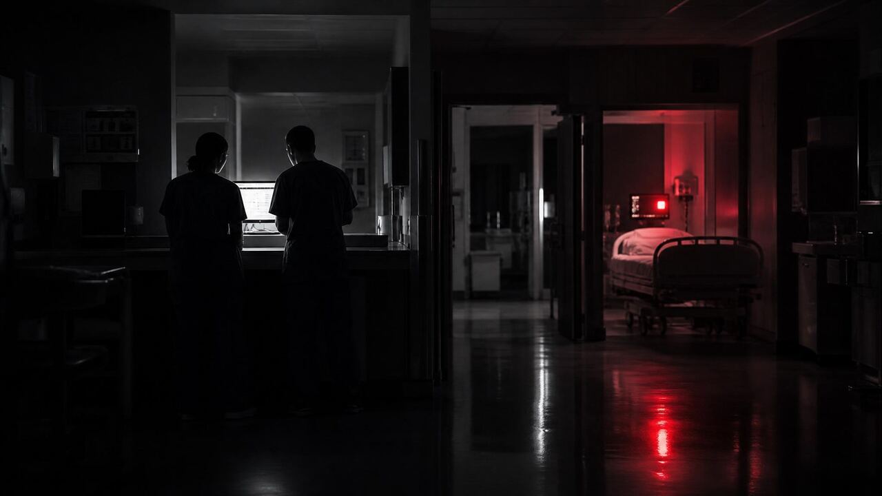Dim hospital ward at night during shift change