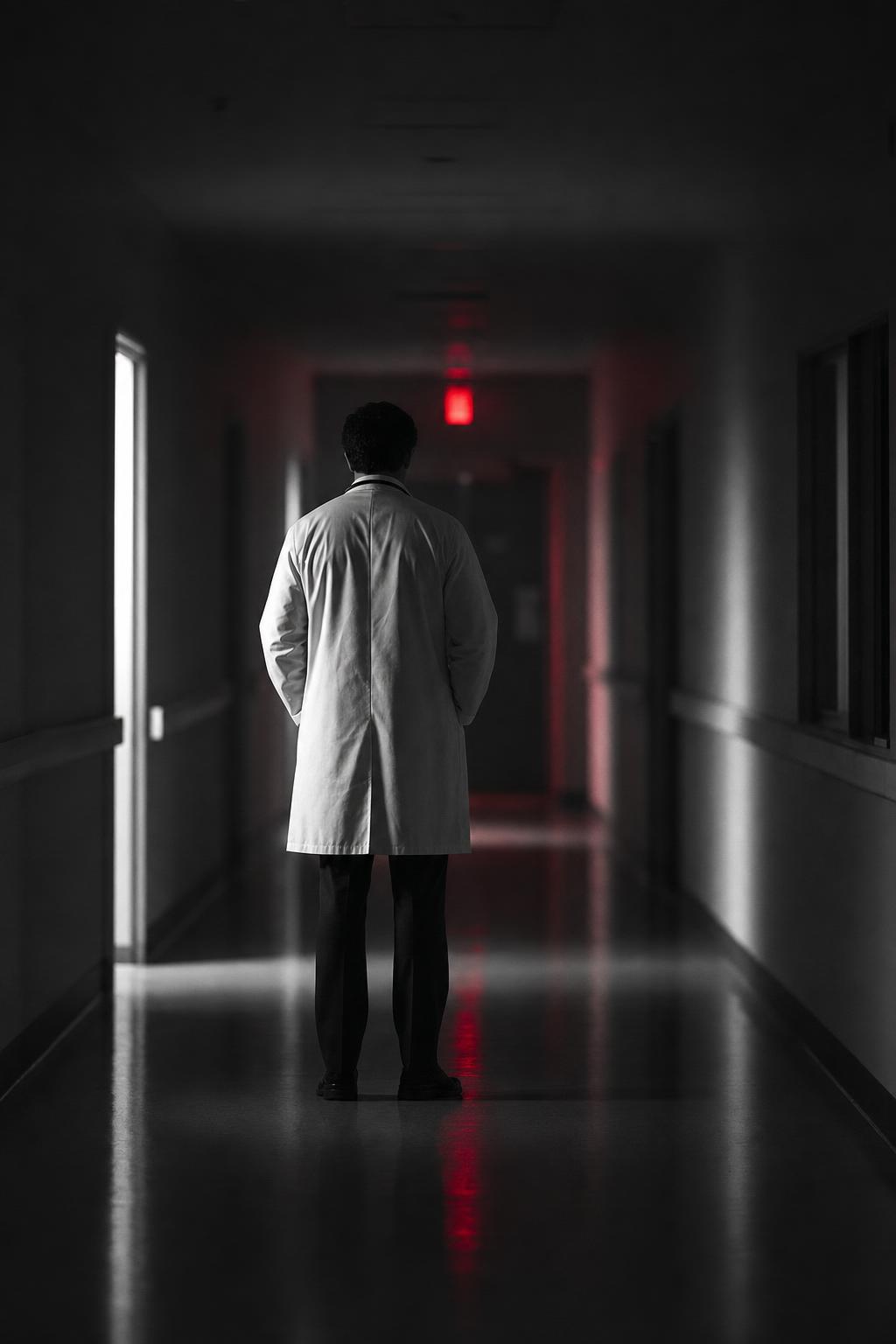 Single physician in a dim empty hospital corridor at night